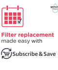 Calendar icon representing easy filter replacement with Subscribe & Save offer, supporting Water and Air Filter Combo Pack 2 Piece Set for Select Models WF3CB PAULTRA Reduces Chlorine Taste and Odor Lead Mercury Pharmaceuticals and More Keeps Water Taste Fresh and Fridge Odors In Check plan.