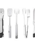 Six In One Folding Grill Utensils Set Featuring Fork Spatula Knife Tongs Bottle Opener And Corkscrew For Fourteen Inch Portable Backyard BBQ And Camping Gear displayed