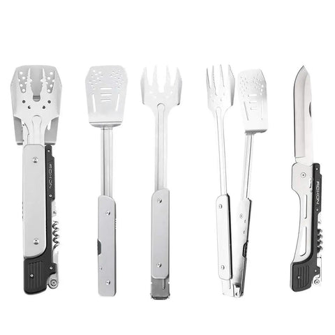 Six In One Folding Grill Utensils Set Featuring Fork Spatula Knife Tongs Bottle Opener And Corkscrew For Fourteen Inch Portable Backyard BBQ And Camping Gear displayed