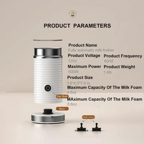 Fully Automatic Milk Frother For Hot Or Cold Foam with stainless steel, includes cup body, base, foam rotor, and parameters.