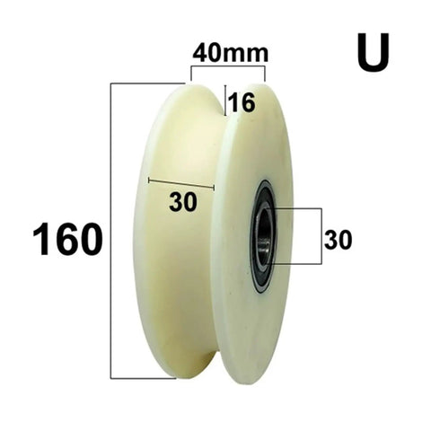 Heavy Duty U Shape Pulley Roller Guide Wheel Slick Rolling Bearing Steel Track Glide with measuring dimensions 160mm x 40mm.