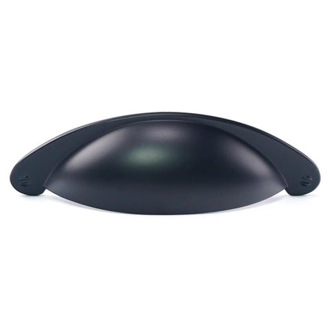 10 Pack 3 Inch Matte Black Cabinet Cup Pulls Solid Zinc Alloy Build Kitchen Drawer Handles shown from the side, smooth finish.