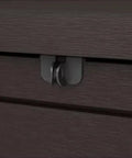 Close-up of lock on XXL 230 Gallon Outdoor Deck Storage Box With Weather Resistant Resin And Lockable Piston Lid For Patio Garden And Pool Area