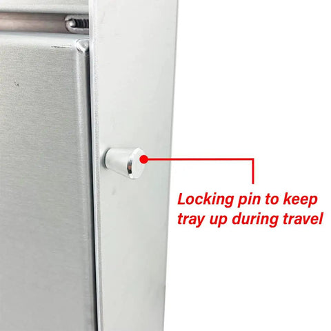 Made in USA Aluminum Work Station Organizer For Garages And Trailers, Compact Flip Out Tray Ten By Twelve Inch, side view locking pin