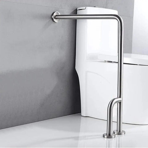 Heavy Duty Toilet Safety Rail 27.5 Inch Bathroom Grab Bar Featuring Brushed Stainless Steel Build, securely mounted beside a toilet.