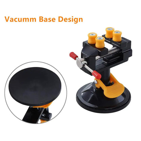Mini Table Vise With Suction Base, 360 Degree Rotating Clamp, 0 to 25mm Jaw, shown with vacuum base design