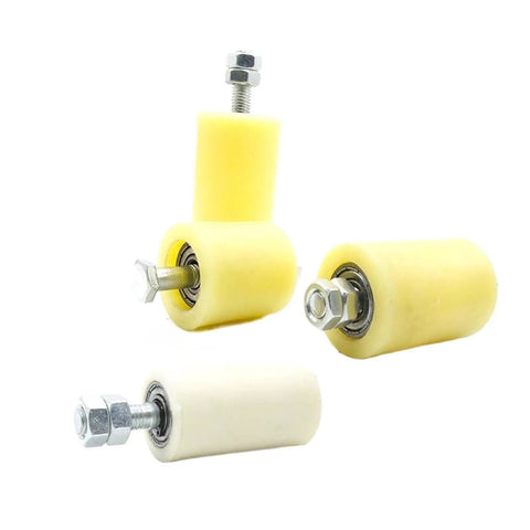 Hella Durable Nylon Positioning Pulleys Smooth Glide Guide Rollers Built Tough Threaded Stem Design visible, yellow coated rollers with nuts.