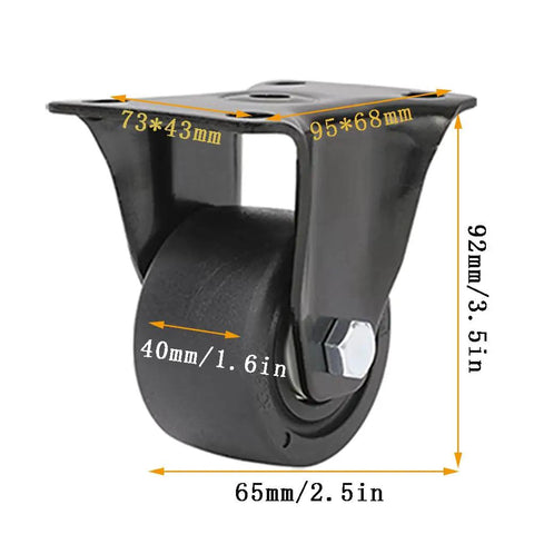 Smooth Rollin Heavy Duty Directional Casters Set Of Four Two Inch Nylon Wheels With Anti Scratch Mounting Plates side view with measurements.