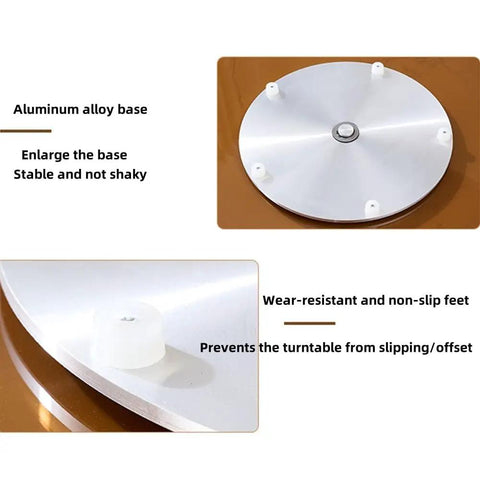 Close-up of aluminum alloy base with non-slip feet for the Legit Heavy Duty Tempered Glass Lazy Susan Turntable.