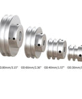 Pro Class Aluminum Double Groove Pulley Featuring 30mm Outside Diameter And 16mm Fixed Bore Built For Drilling Machines Compatible With 6mm Pu Round Belts Hella Durable And No Drama Setup - Four pulley sizes displayed.