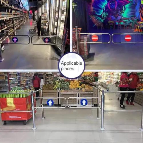 Pro Grade Self Closing Swing Gate Safety Entrance Barrier With Automatic Spring Loaded Mechanism Heavy Duty Walk Thru Gate For Stores Warehouses And Home Pet Safe Zone installed in various store aisles.