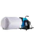 Industrial Workhorse Wheeled Dust Collector Shop Vacuum With Badass 537 CFM Suction, blue motor with white collection bag, heavy duty.
