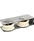 Heavy Duty Screen Door Rollers 4 Pack Stainless Steel Ball Bearing Double Copper Wheel Smooth As Butter No Fuss Slider Track Replacement For Windows And Furniture close-up of roller with white wheels and stainless steel bracket.