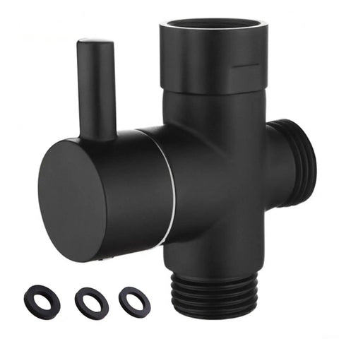 Super Tough 3 Way Shower Diverter Valve With Solid Brass Build And Seamless 1 Inlet To 2 Outlet Switching Featuring No Sweat Removable Nut Setup Plus Dependable Rubber Gaskets That Stay Leak Free And Make Bathroom Upgrades A Breeze For Everyone, heavy duty black brass valve with three rubber gaskets.