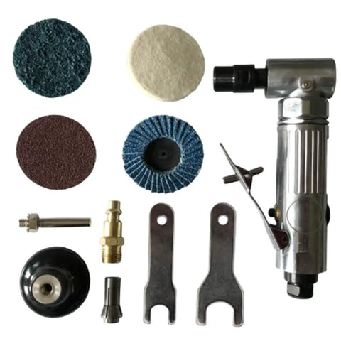Rough And Ready One Quarter Inch Pneumatic Air Angle Die Grinder Tool Set With 90 Degree Swivel Head components and accessories arrangement