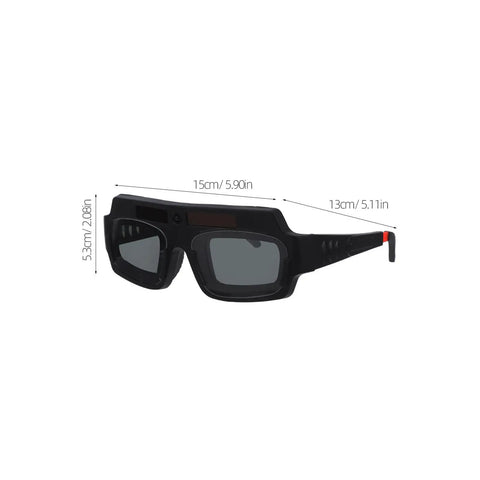 Auto Darkening Welding Safety Glasses PC Wraparound Sweet Clarity Hard To Beat At The Big Box Store side view with dimensions 15cm x 13cm x 5.3cm.