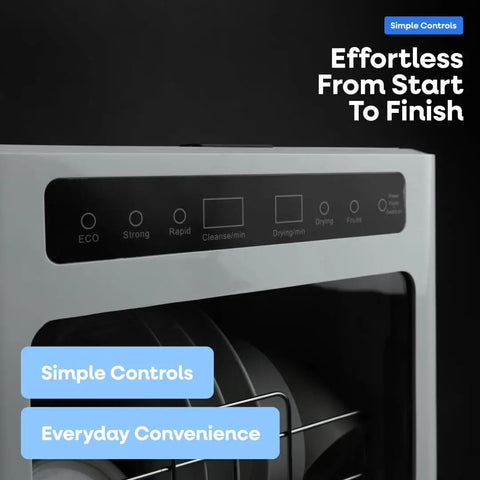 Portable Countertop Dishwasher With Five Wash Programs And Straight Setup Faucet Hookup shows simple controls interface for easy use.
