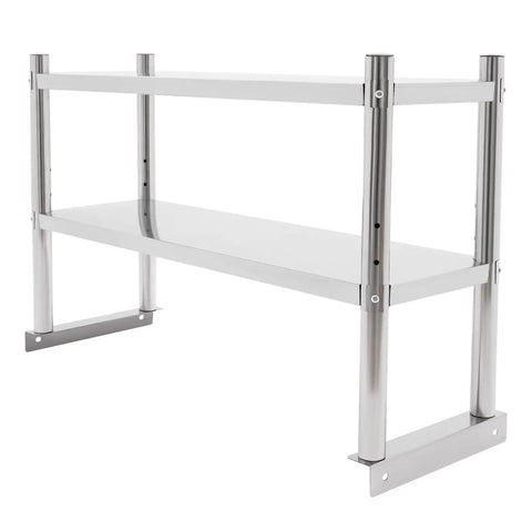 Heavy Duty Two Tier Stainless Steel Storage Rack And Adjustable Standing Shelf Unit Built Tough No Sweat Organization For Kitchen Restaurant Or Store Display Use Sleek Metal Frame side view showing two shelves and metal frame.