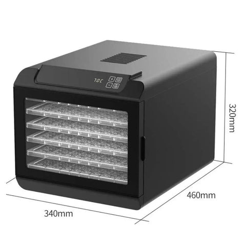Heavy Duty Six Layer Electric Food Dehydrator For Fresh Fruits Veggies Beef Jerky And Homemade Pet Snacks Featuring Quiet Motor And Fast Dry Modes, front view with dimensions.