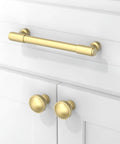 10 Pack Brushed Gold Cabinet Pulls Serving Up Swank Modern Charm 5 Inch Wide Set on white cabinet doors.