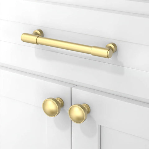 10 Pack Brushed Gold Cabinet Pulls Serving Up Swank Modern Charm 5 Inch Wide Set on white cabinet doors.