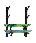 Heavy Duty Four Tier Skateboard Wall Mount Rack Adjustable Ski And Snowboard Holder with two colorful skateboards displayed.