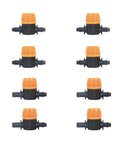 Purple One Quarter Inch To 6mm Hose Barb Mini Valve Kit For Your Garden Tap And DIY Drip Irrigation, Includes Mist Nozzle Connector And Four To Seven Mm Fittings, Water Stop Valve Parts For Easy Yard Irrigation Setup., six purple POM mini valves with orange caps