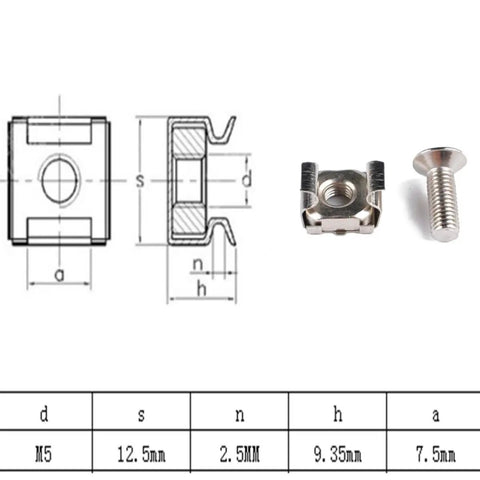 M5 Cage Nut Kit With M5x16 Screws And Washers For Cabinets And Server Racks Square Hole Design Fasteners, illustration and dimensions.
