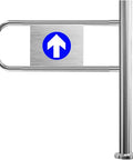 Built Like A Tank Safety Swing Gate With Spring Loaded Self Shutting Design For Quick Walkthroughs At Warehouses And Shops One Way Entrance Barrier Metal Crowd Control Panel Sized 70X100, featuring blue directional arrow sign.
