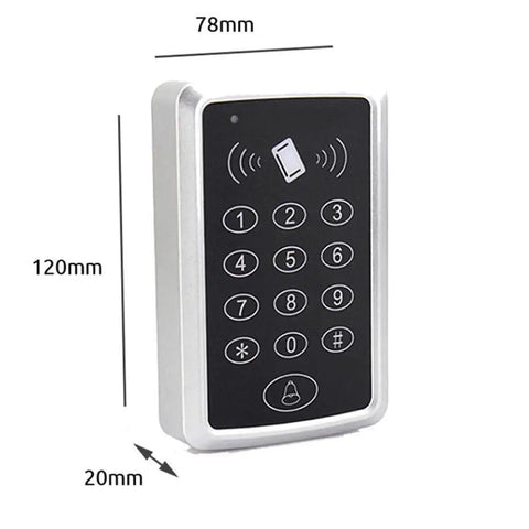 Front view of door access control keypad plug and play standalone RFID reader with password, silver, dimensions shown.