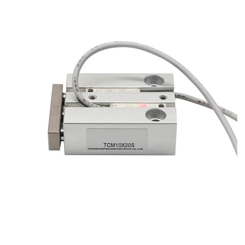 Rock Solid Mini Guided Pneumatic Cylinder Guide Rod Tcm10X15S heavy duty steel with gray cable and label detail for automation use.
