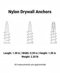 Illustration of 100 Pack Nylon Drywall Anchors With Screws For Hollow Walls, showing dimensions and secure grip expansion design.