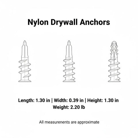 Illustration of 100 Pack Nylon Drywall Anchors With Screws For Hollow Walls, showing dimensions and secure grip expansion design.