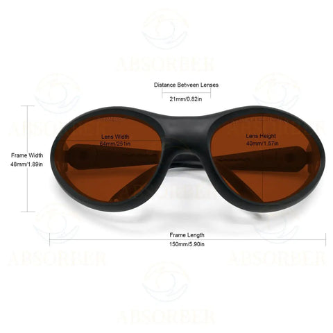 Top Shelf Professional Laser Safety Glasses With OD 8 Plus Tough Eye Protection For Blue Red And Green Lasers Covering 190Nm To 1100Nm Wavelengths With Sweet UV Blocking Coating And Snazzy Frame, featuring measurements and tinted lenses.
