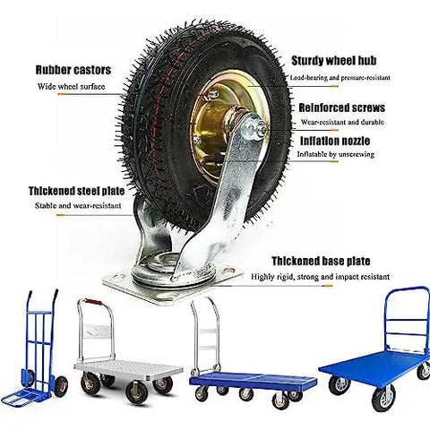 Pair Of Heavy Duty Industrial Caster Wheels Featuring Tough As Nails Pneumatic Tires For Dead Smooth Rollin Mobile Tool Cart Replacement With Shock Absorbing Grip Screws, showcasing rubber casters and sturdy wheel hub.