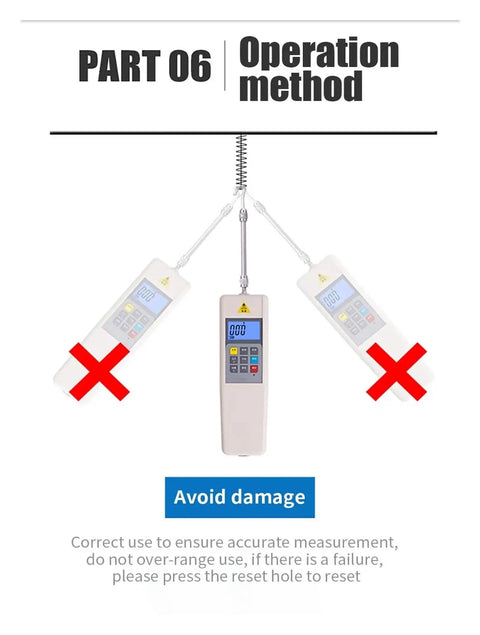Top Notch Digital Force Gauge Offering Slick Pull And Push Measurements No Fuss Compact Design shown with operation guidelines.
