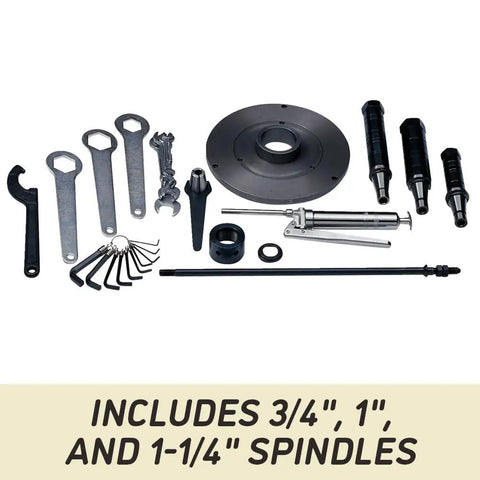 Rock Solid Tilting Sliding Spindle Shaper With Dual Digital Readout And Precision Micrometer Fence, 7.5HP Three Phase Industrial Woodworking Rig accessories set including spindles and tools.