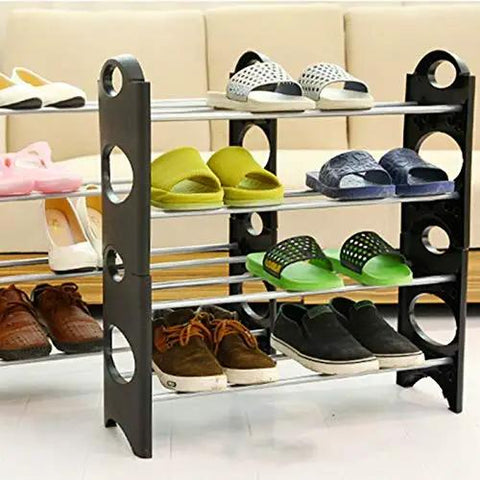 Four Tier Shoe Rack Organizer Vertical Entryway Storage Shelf Featuring Solid Plastic Frame Designed to Neatly Store Boots Umbrellas and Daily Essentials on Narrow Floors for a Sweet Clean Setup Without Any Fuss or Extra Effort with various shoes.