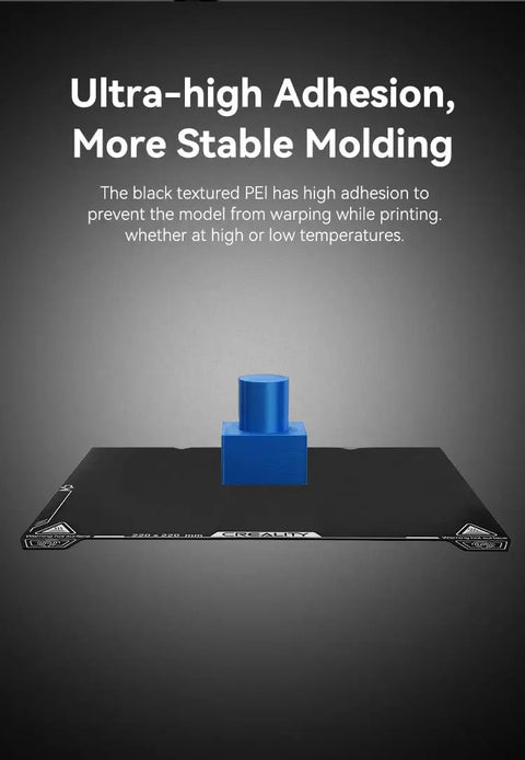 Heavy Duty Magnetic Pei Build Plate For Creality Ender 3 Series 235X235mm with blue model on textured black surface.