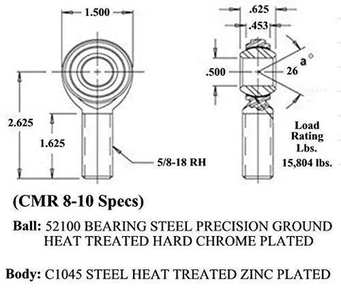 Premium Heat Treated Steel Four Link Suspension Rod End Kit specifications, including C1045 steel body and 52100 ball details.