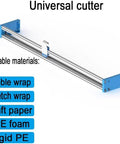 Universal cutter for bubble wrap and other materials, featuring steel structure, used in warehouses for packaging.
