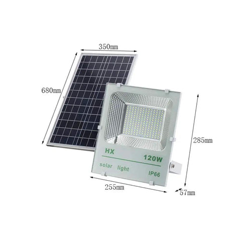 Rugged 120W Solar Flood Light Featuring 194 Killer Bright LED Chips IP66 Rated with dimensions, solar panel, and spotlight.