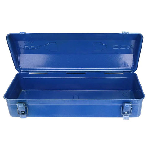 Heavy Duty Iron Tool Chest Organizer With Secure Padlock Clasp And Dual Carry Grips A Truly Badass Workshop Container For Mechanics And DIY Folks Who Want Zero Drama Organization, blue metal toolbox, open view.