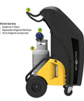 Zero Sweat R134a Air Conditioning Recovery And Recharge Unit Featuring Bold Large Touchscreen with side view showing handle bar, filter/dryer, and recovery tank.