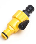 Twelve Pack Bright Yellow Quick Fix Hose Connectors With Dual Male Outlets And In Line Shut Off Valve For No Sweat Garden Plumbing Repairs On Standard Lines, single connector detail.