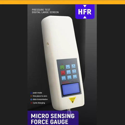 Micro sensing force gauge with large digital screen for precise pressure testing and data transmission.