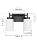 Two Light Black Vanity Sconces, Dope Industrial Style Bathroom Lighting Fixture With Milky Glass Shades, dimensions shown