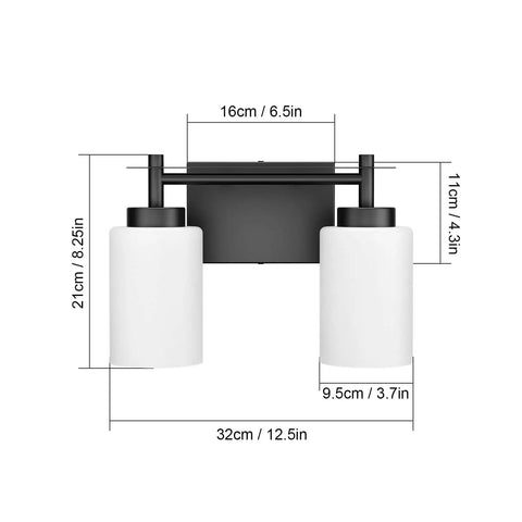 Two Light Black Vanity Sconces, Dope Industrial Style Bathroom Lighting Fixture With Milky Glass Shades, dimensions shown
