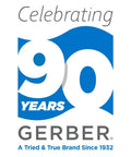 Celebrating 90 years with Gerber logo, a trusted brand since 1932, in blue and white design.