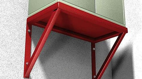 A red metal bracket support structure mounted on a concrete wall, used for securing shelves or units with strong anchoring.